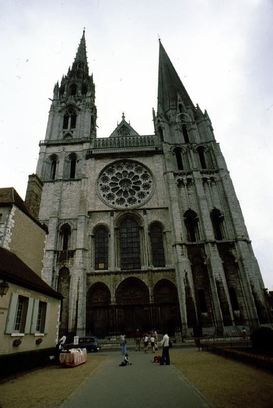 Chartres_entrance There has been an important church at Chartres since the 5th century. The present cathedral was begun in 1194 and completed in 1220, making it rare because it was done within a lifetime.  The cathedral is dedicated to the Virgin Mary.