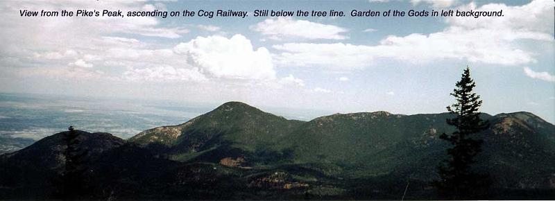 pikespeak-pano-1 Ruth and I visited Pike's Peak (14,110 feet above sea level), while we were on business and pleasure in August, 2000. Zebulon Pike made his discovery in February and couldn't make it to the top in winter. Pike never made it. We did, on the cog railway, and took these photos. Hope you enjoy them!