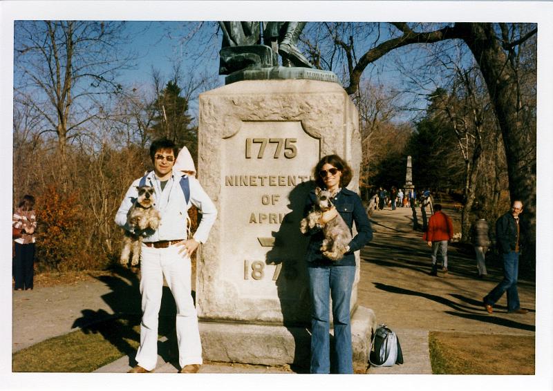 02 We visited Concord MA as a family (Dan, Ruth, Mathilda, and our miniature schnauzers Farfel & Mitzi) in November 1977.  Here we are at the Battle of Concord monument at the Olde North Bridge.