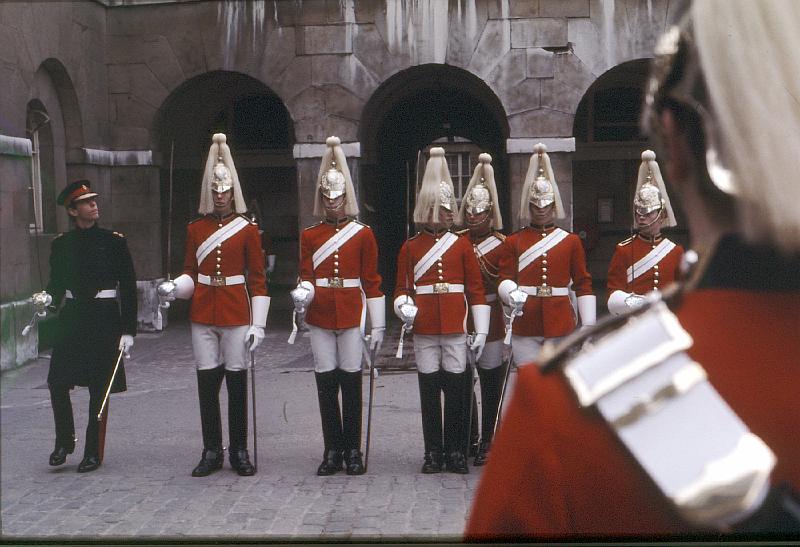 Horse_Guard_6 Inspection: The officer is in black.  We're looking over the corporal's shoulder. The sergeant is behind the line of guards.