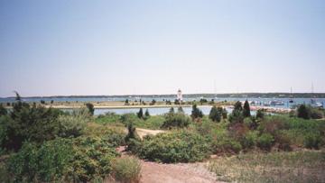 edgartownlight Our 1999 Martha's Vineyard Vacation: Edgartown Light from the town. The bluffs behind are Chappaquidick. The main part of town and the harbor are to the right. You're looking over the eel pond. Behind are lovely “captain’s” homes and gradens.