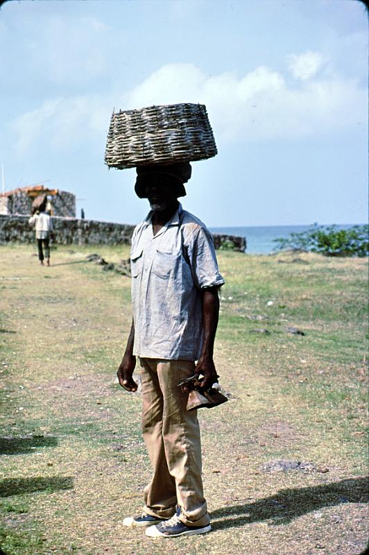 100-fisherman A fisherman brings his day's catch in a basket to market.  He's holding his scales for weighing what he will sell.