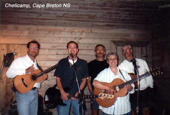 cheticamp-band The musician, all cousins, left to right, are P'tit Clarence Deveaux, Glen Borgeois, Clarence LaLiévre, Sylvia LaLiévre and Bruno Borgeois.