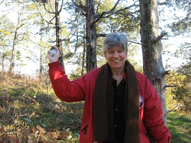 IMG_0669 It had snowed on the night of November 10, and some remained on Fossil Hill. Ruth is prepared to toss a snowball.