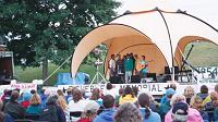 dan-lavin1 One attraction was the North Atlantic Folk Festival. Christine Lavin was the top-billed artist. I'm on stage with her. (Green Jacket, next to Christine, holding harmonica.