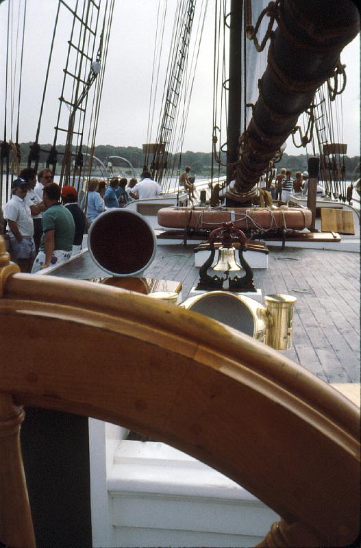 01 I was working for Alloy Computer in 1987, and Control Data Corporation treated its customers to a day sail aboard the Shenandoah, out of New Bedford, MA.  

 Captain Robert S. Douglas was a jet fighter pilot for the Air Force from 1956 to 58, retiring with the rank of Captain. He first became involved with boats summering and sailing on Martha's Vineyard as a youth. In the early 1960s, he found himself working on the 83' Harvey Gamage Shipyard-built windjammer Mary Day, and there hatched a plan to move to the Vineyard, build a big windjammer boat, and take passengers back to the past days of tall ships and the life of sailing them. His dream came to fruition in the design and commissioning of the construction of Shenandoah in 1964. Based on an original 1850 design of the fast revenue cutter Joe Lane, with the change of line, balance, and sail he created a fast and efficient schooner. The addition of square topsails to the foremast (and Captain Douglas' dogged intention to get the US Coast Guard to approve the method) made Shenandoah a truly unique vessel of power and a beauty to behold at sea or mooring. 